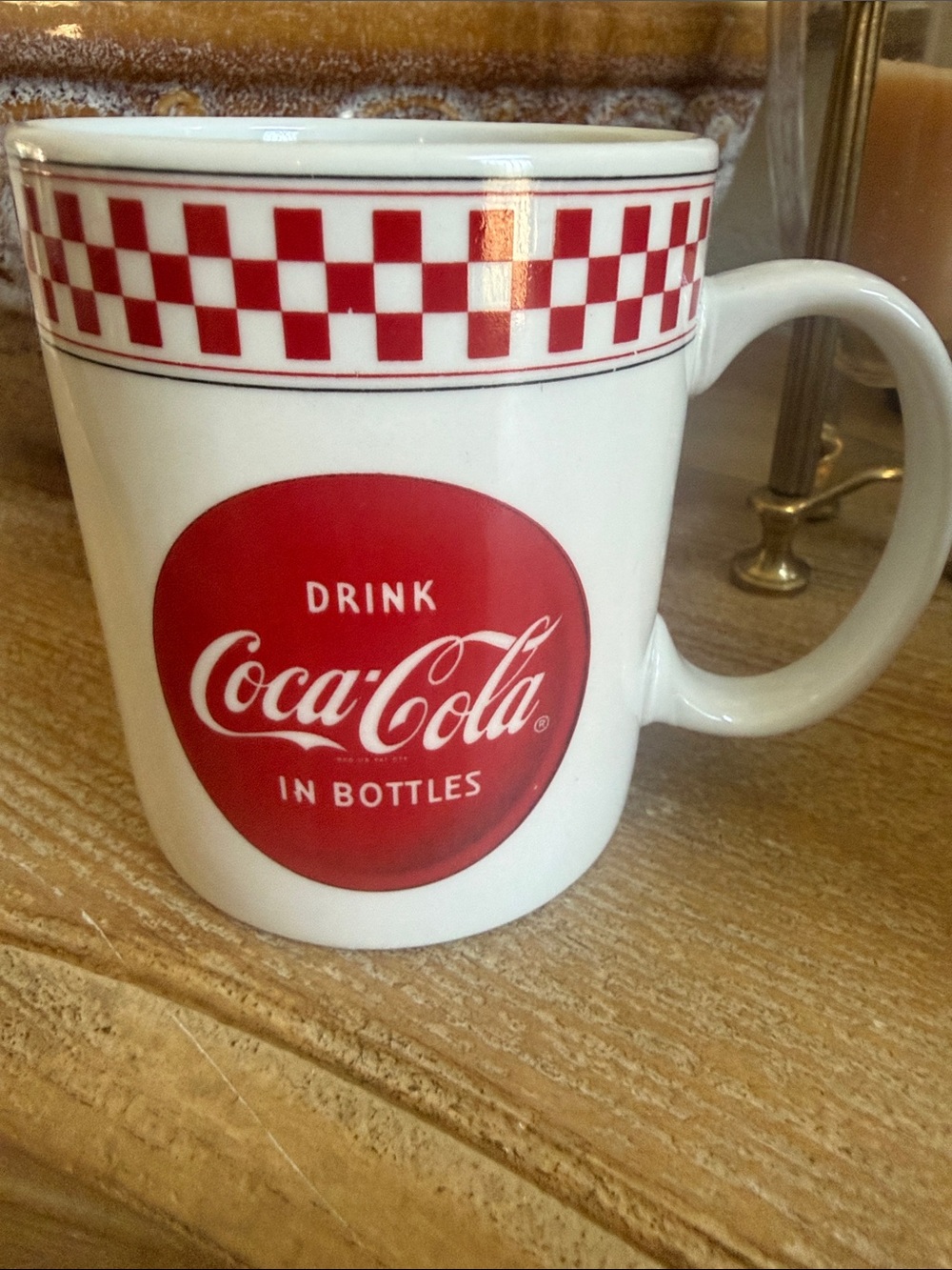 Vintage 1996 Coca Cola White Ceramic Mug with Red Logo and Checkerboard